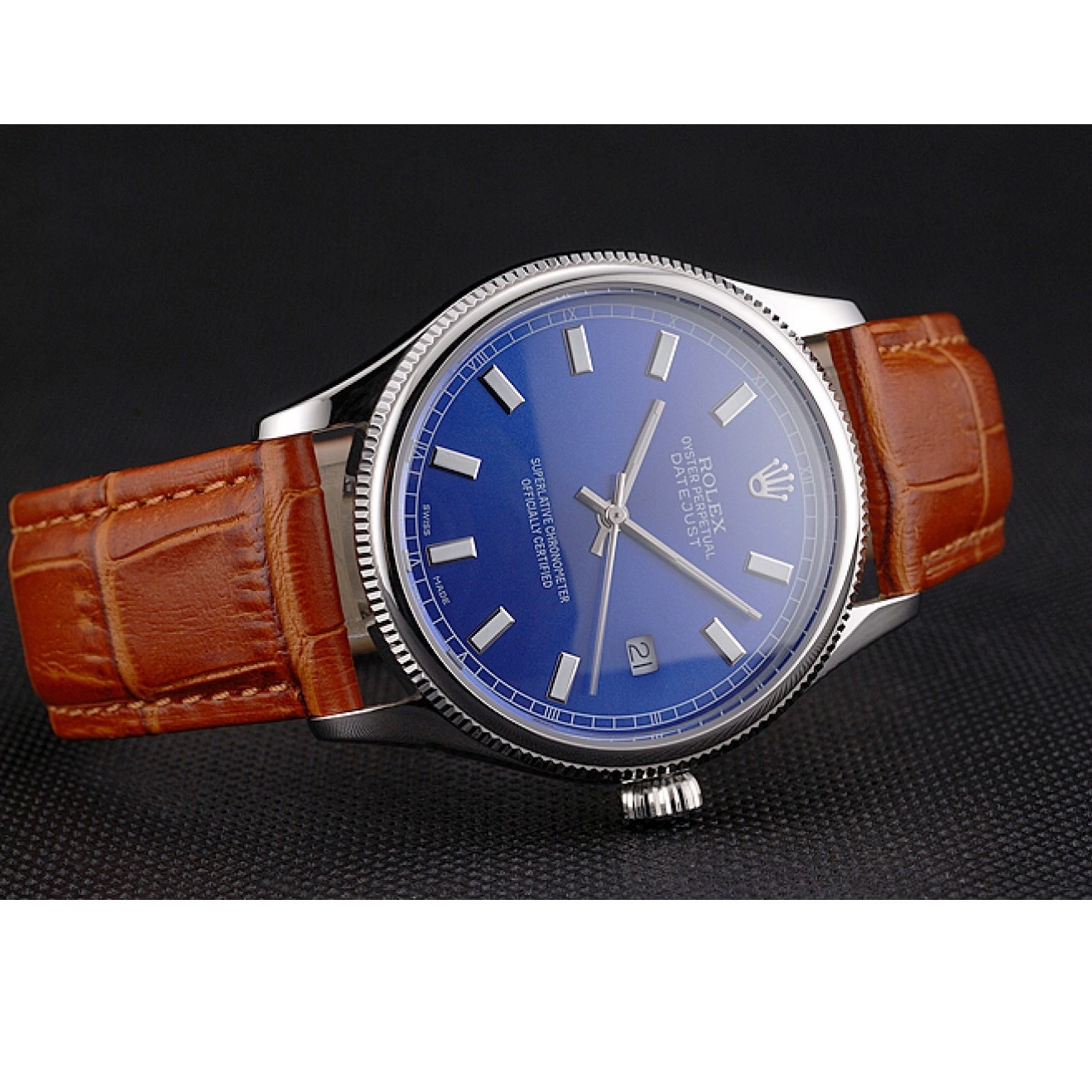 Best AAA Replica Sites Stainless Leather Swiss Case Rolex Steel Dial Blue Light Strap Brown Datejust 0701